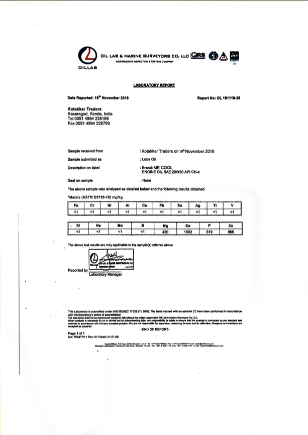 Laboratory Certificate for SAE 20W50 API CH-4